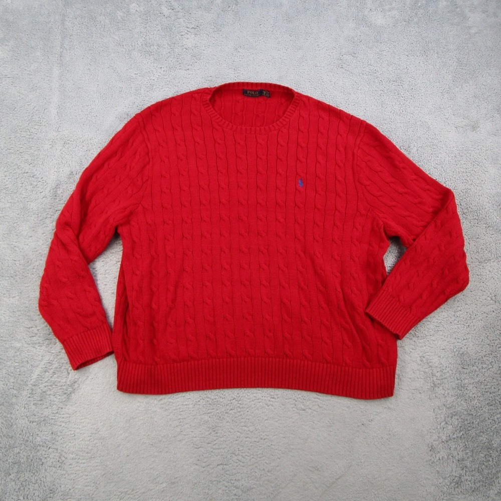 Polo Ralph Lauren Red Cable Knit Cotton Sweater Mens 4XB Big Crew Neck Pony Logo